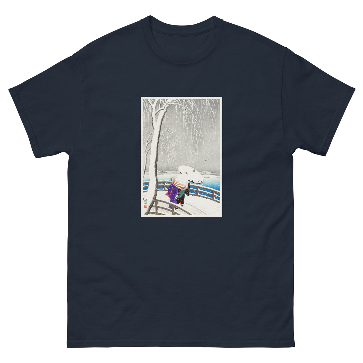 Navy T-shirt Two Women In The Snow On Yanagi Bridge - Ohara Koson 1927 Essential