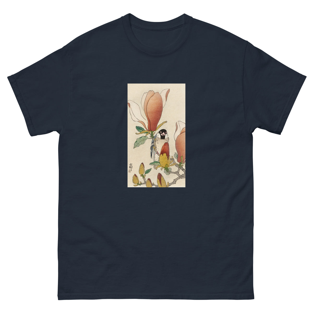 Navy T-shirt Sparrow On Blooming Magnolia Branch - Ohara Koson 1900 Essential