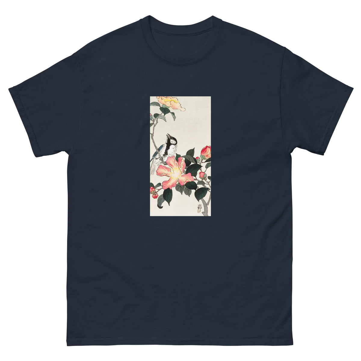 Navy T-shirt Great Tit On Branch With Pink Flowers - Ohara Koson 1900 Essential