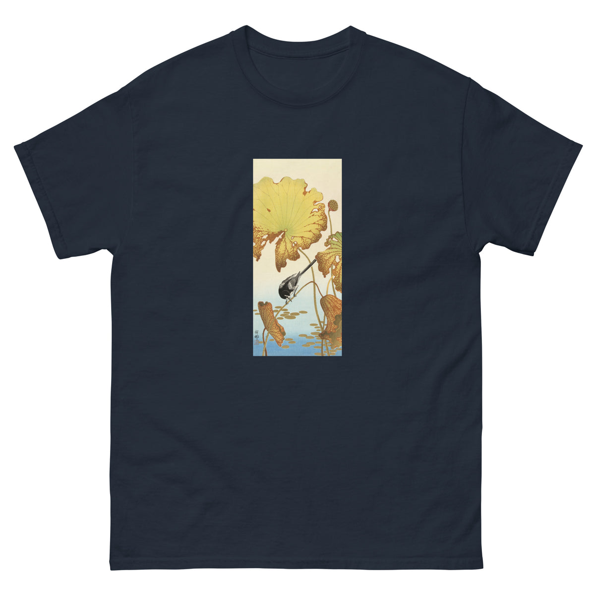 Navy T-shirt Japanese Wagtail On Lotus Plant - Ohara Koson 1925 Essential