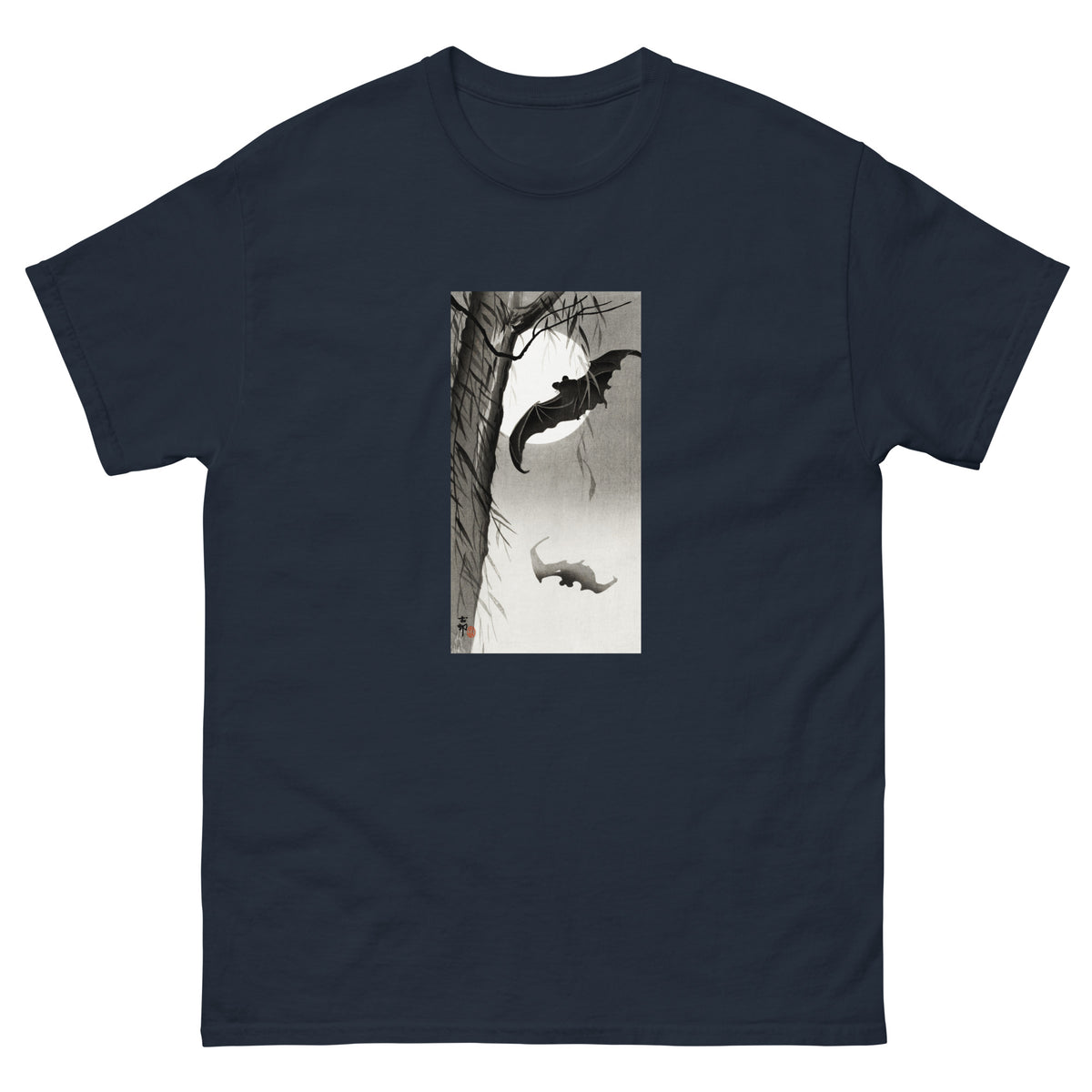 Navy T-shirt Bats Under The Full Moon - Ohara Koson 1900 Essential