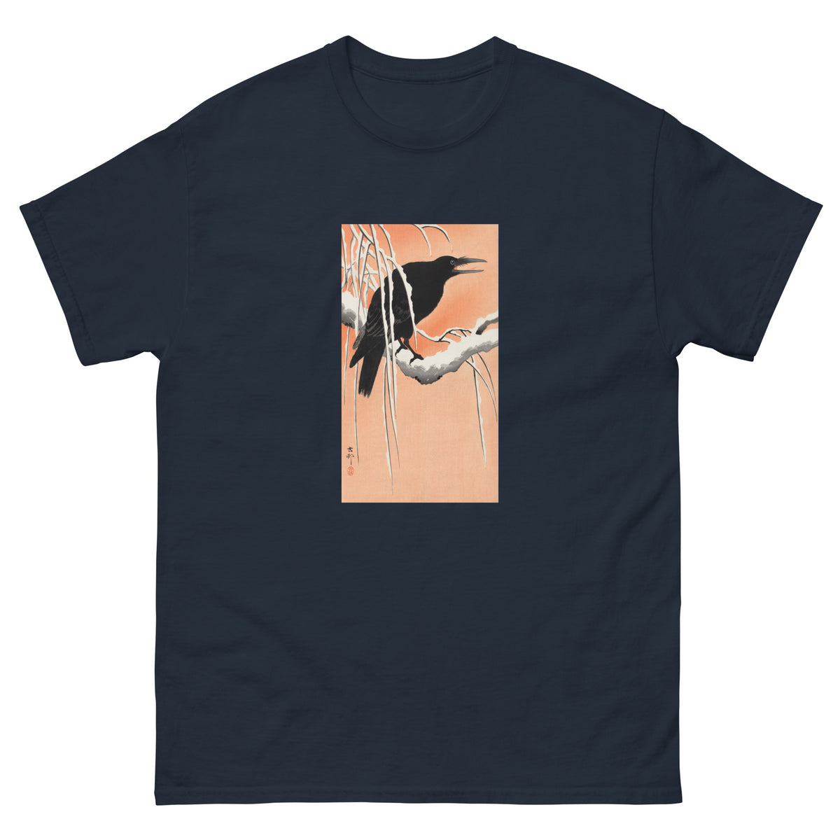 Navy T-shirt Crow On Snowy Branch - Ohara Koson 1900 Essential
