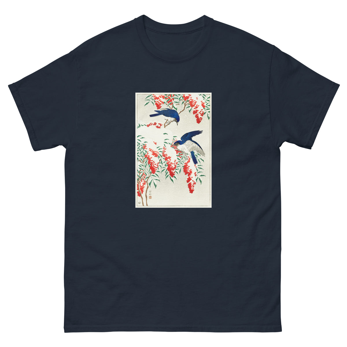 Navy T-shirt Flycatchers On A Nandina Bush - Ohara Koson 1925 Essential