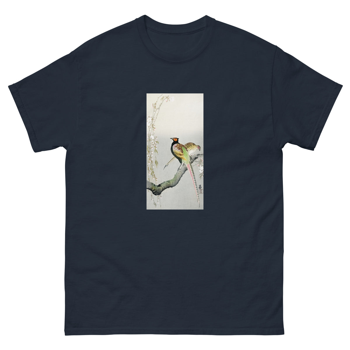 Navy T-shirt Couple Pheasants And Cherry Blossom - Ohara Koson 1900 Essential
