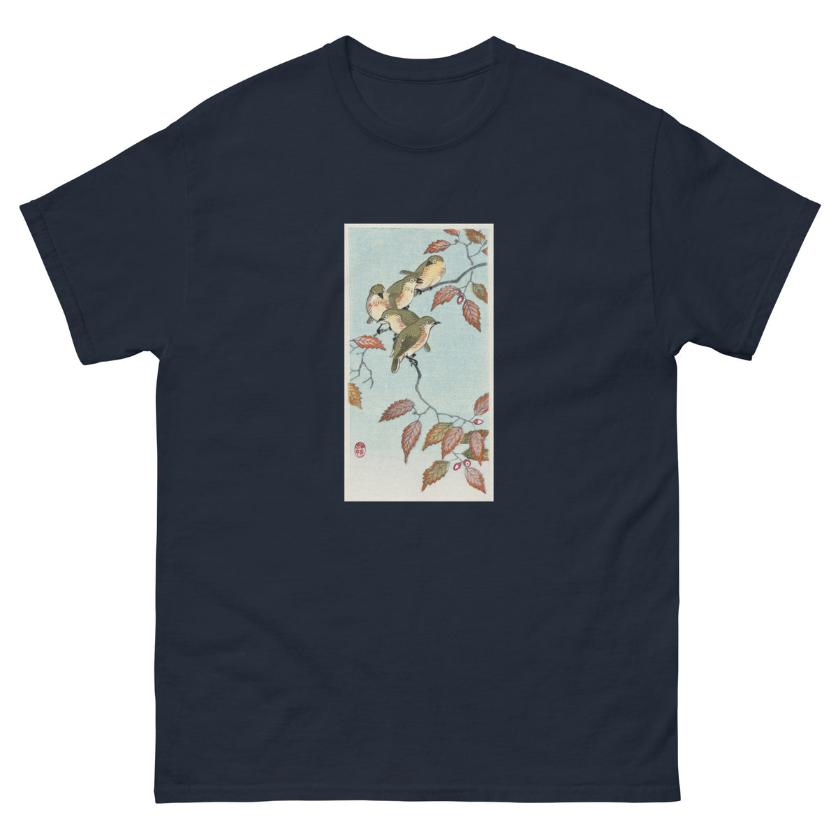 Navy T-shirt Birds On A Branch - Ohara Koson 1900 Essential