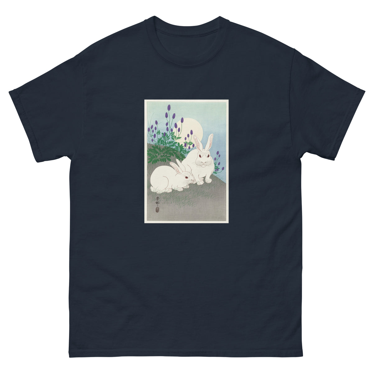 Navy T-shirt Rabbits At Full Moon - Ohara Koson 1920 Essential