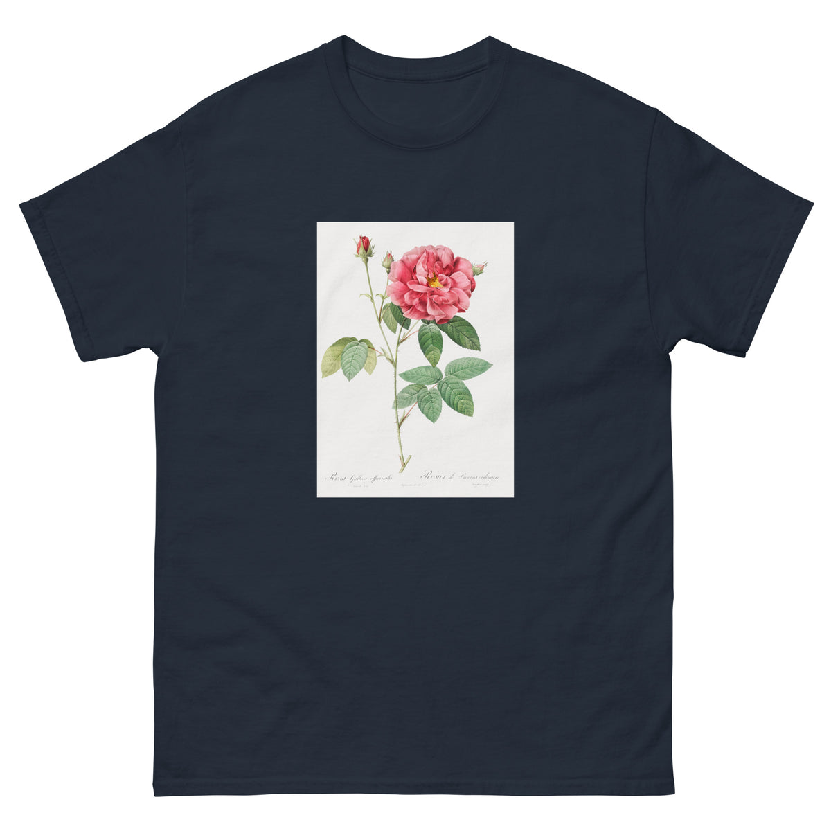 Navy T-shirt French Rose Also Known As Ordinary Provins Rosebush Rosa Galluca Offuenalis Essential