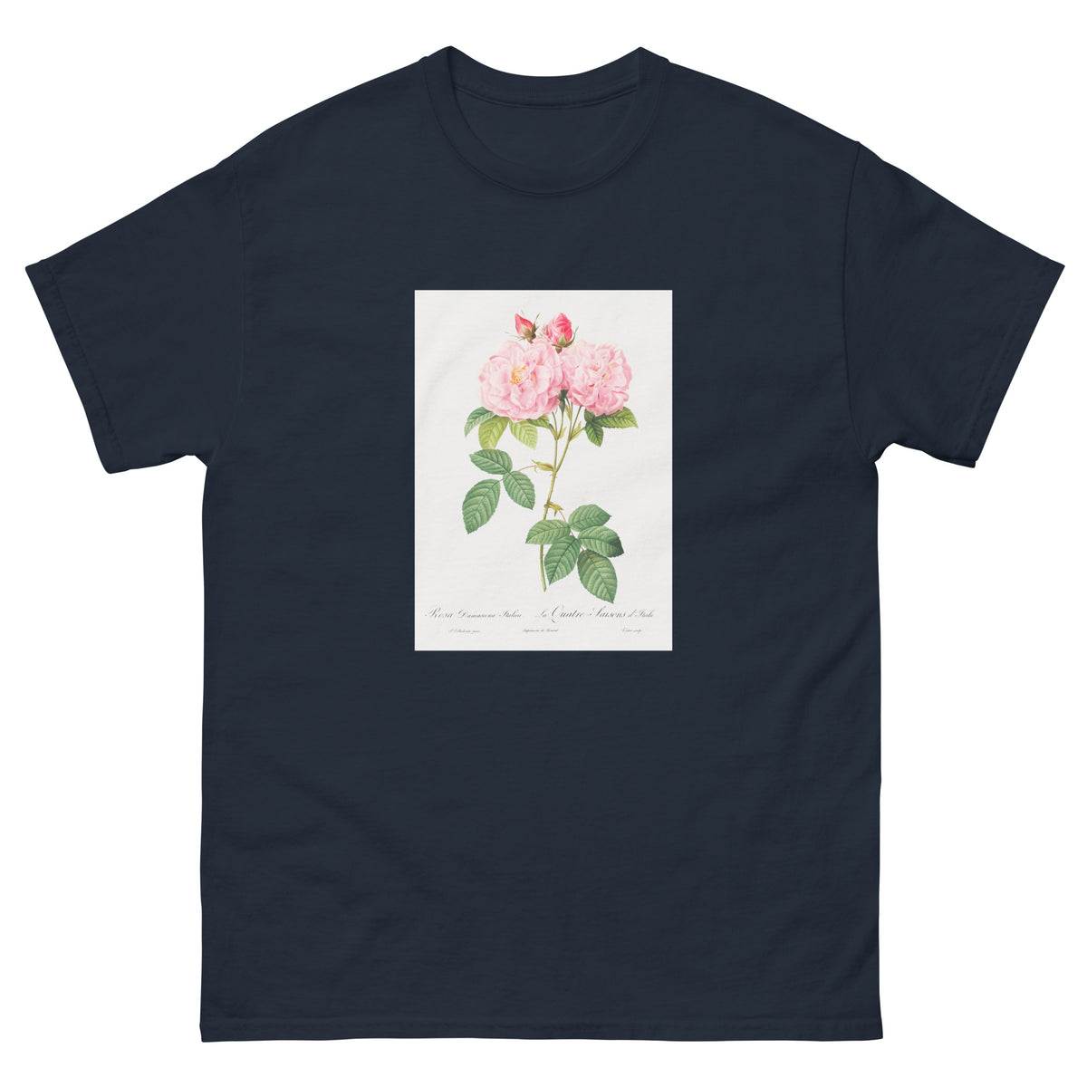Navy T-shirt Italian Damask Rose Also Known As The Four Seasons Of Italy Rosa Damascena Italica Essential