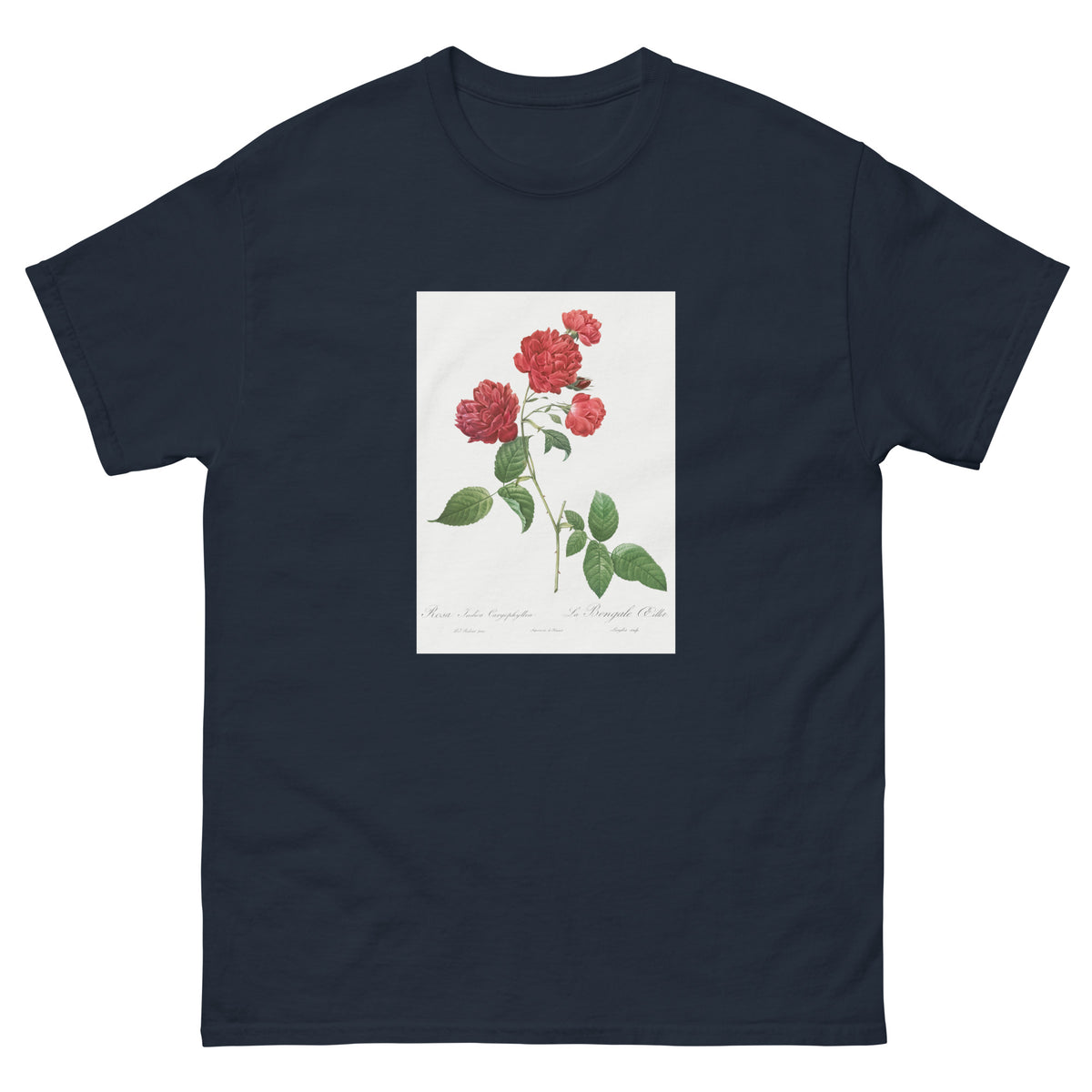 Navy T-shirt Red Cabbage Rose Also Known As Bengal Eyelet Rosa Indica Caryophyllea - Pierre-Joseph Redoute Original From The Library Of Congress 1817 Essential