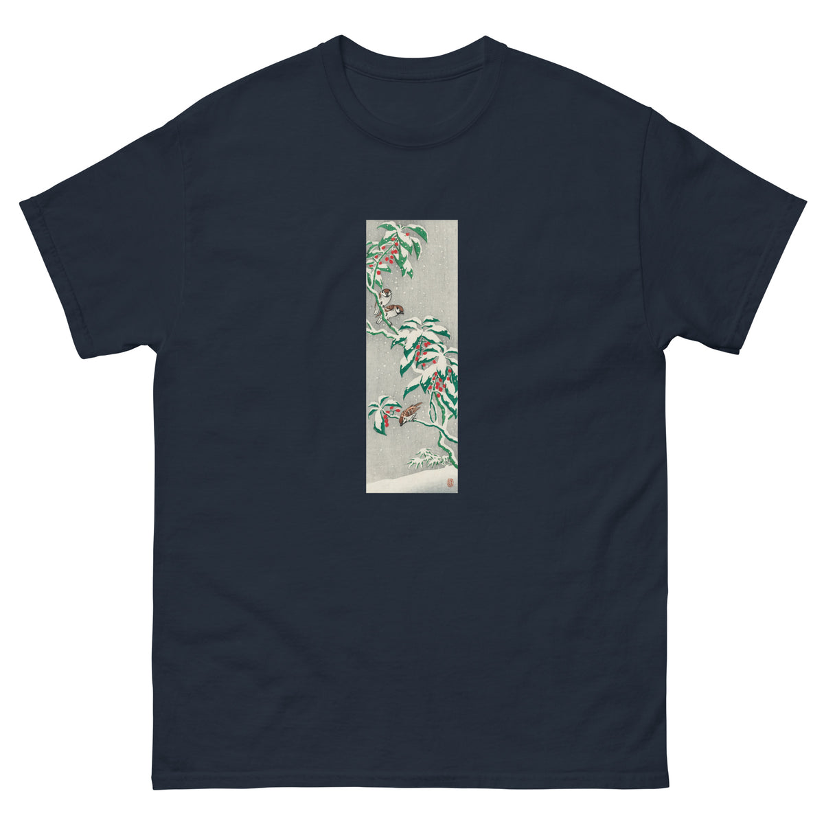 Navy T-shirt Sparrows On Snowy Berry Bush Essential