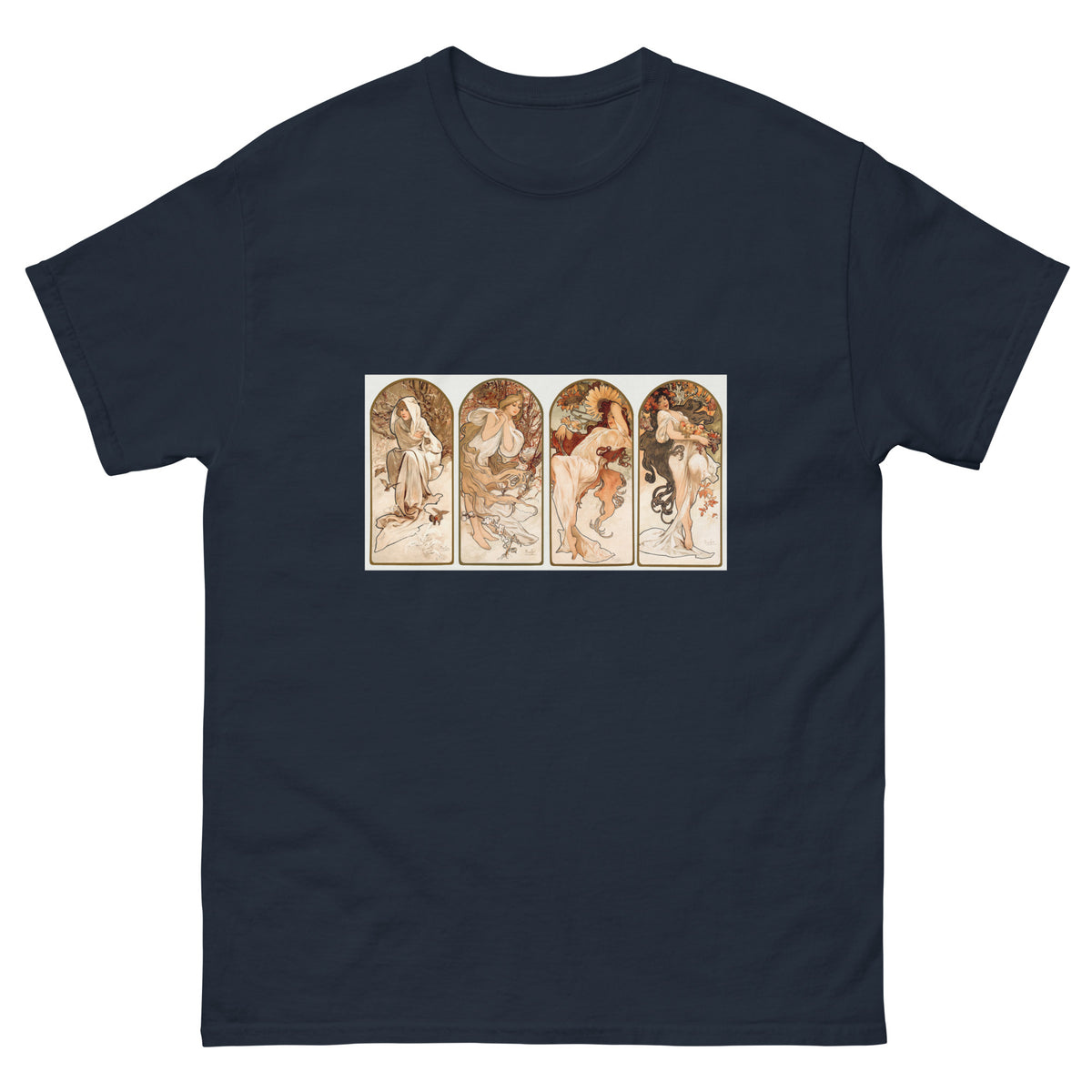 Navy T-shirt Alphonse Maria Mucha S The Seasons Famous Art Nouveau Artwork Essential