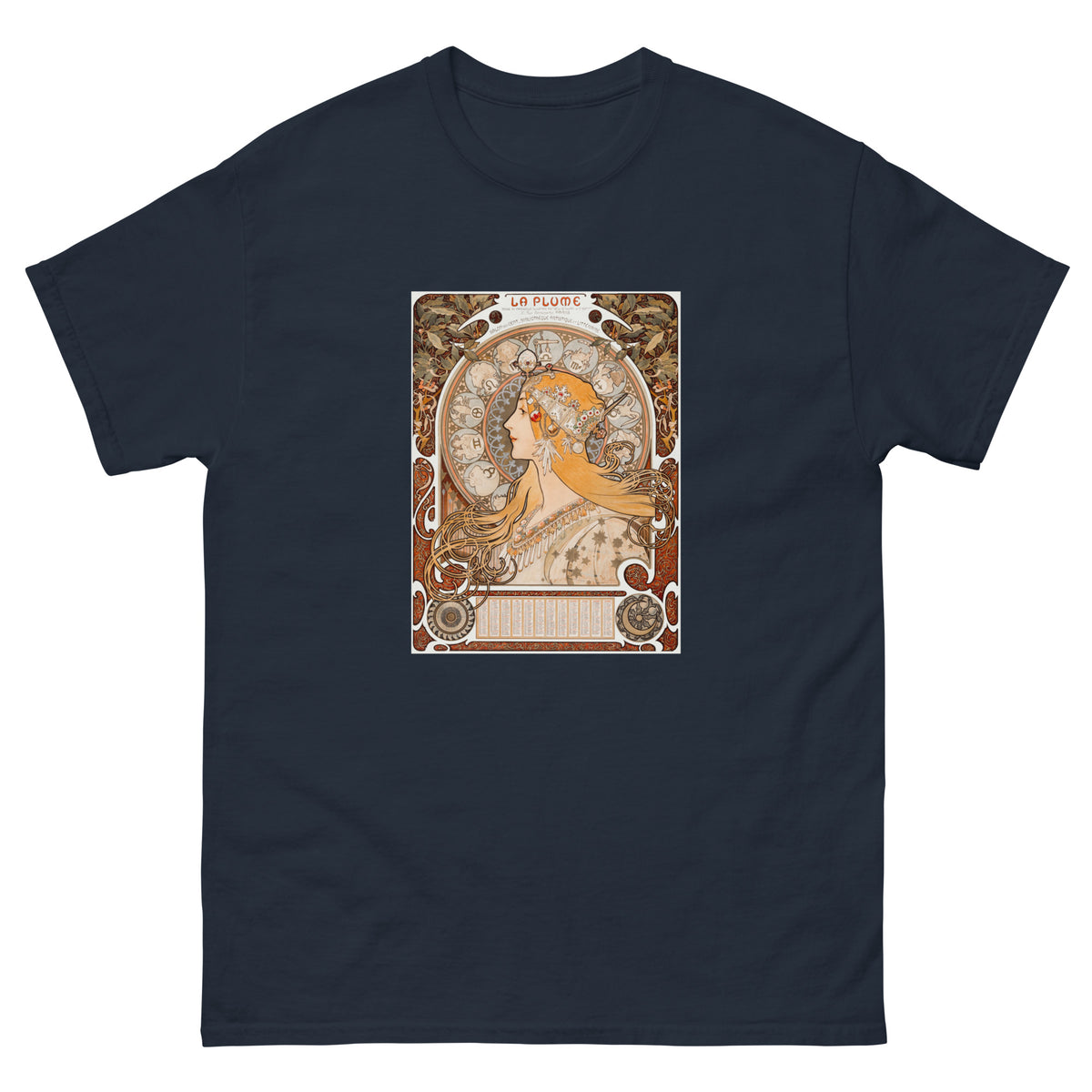Navy T-shirt Alphonse Maria Mucha S Zodiaque Or La Plume Famous Art Nouveau Artwork Essential