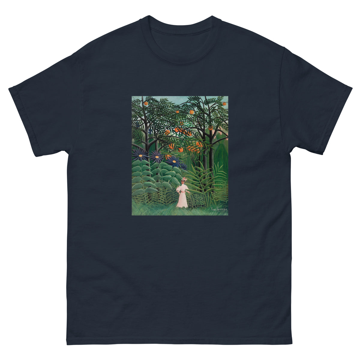 Navy T-shirt Woman Walking In An Exotic Forest Femme Se Promenant Dans Une Foret Exotique Essential