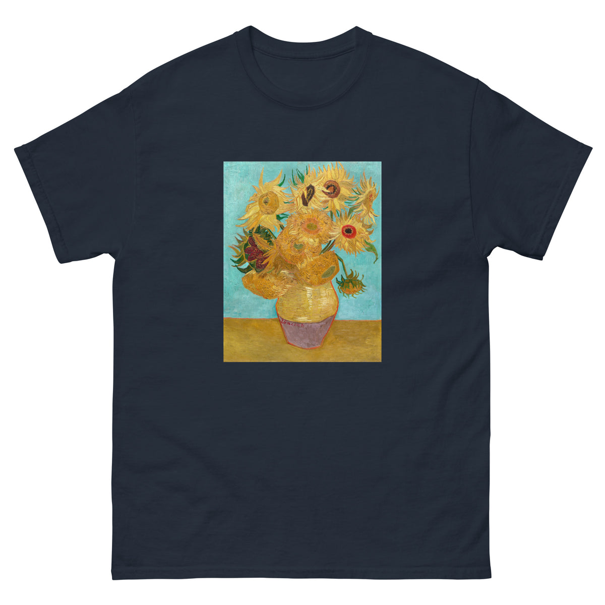 Navy T-shirt Vincent Van Gogh S Vase With Twelve Sunflowers Famous Painting Essential