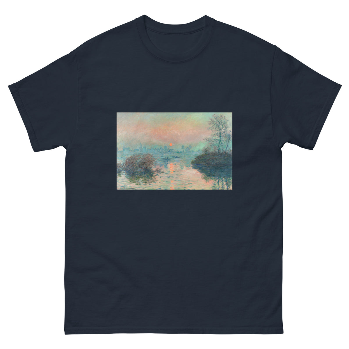 Navy T-shirt Sun Setting On The Seine At Lavacourt Claude Monet High Resolution Famous Painting Essential