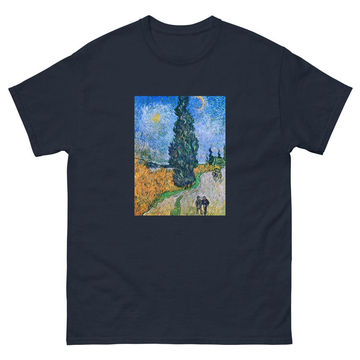 Navy T-shirt Vincent Van Gogh S Road With Cypress And Star Famous Painting Essential