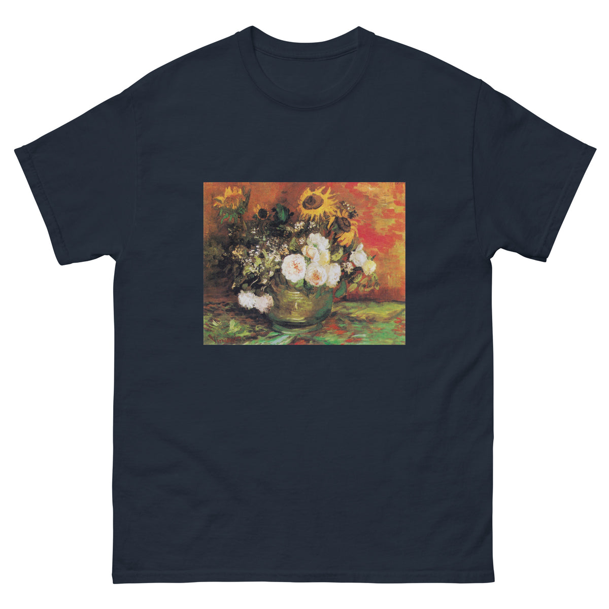 Navy T-shirt Vincent Van Gogh S Bowl With Sunflowers Roses And Other Flowers Famous Painting Essential