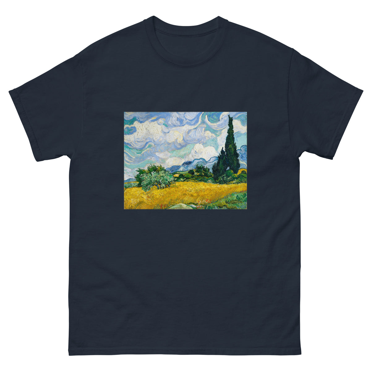 Navy T-shirt Vincent Van Gogh S Wheat Field With Cypresses Famous Painting Essential