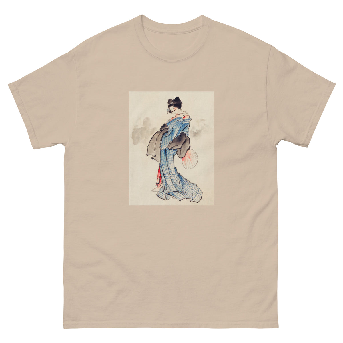 Sand T-shirt Woman Full-Length Portrait Standing Facing Left Holding Fan In Right Hand Wearing Kimono With Check Design - Katsushika Hokusai 1760 Essential