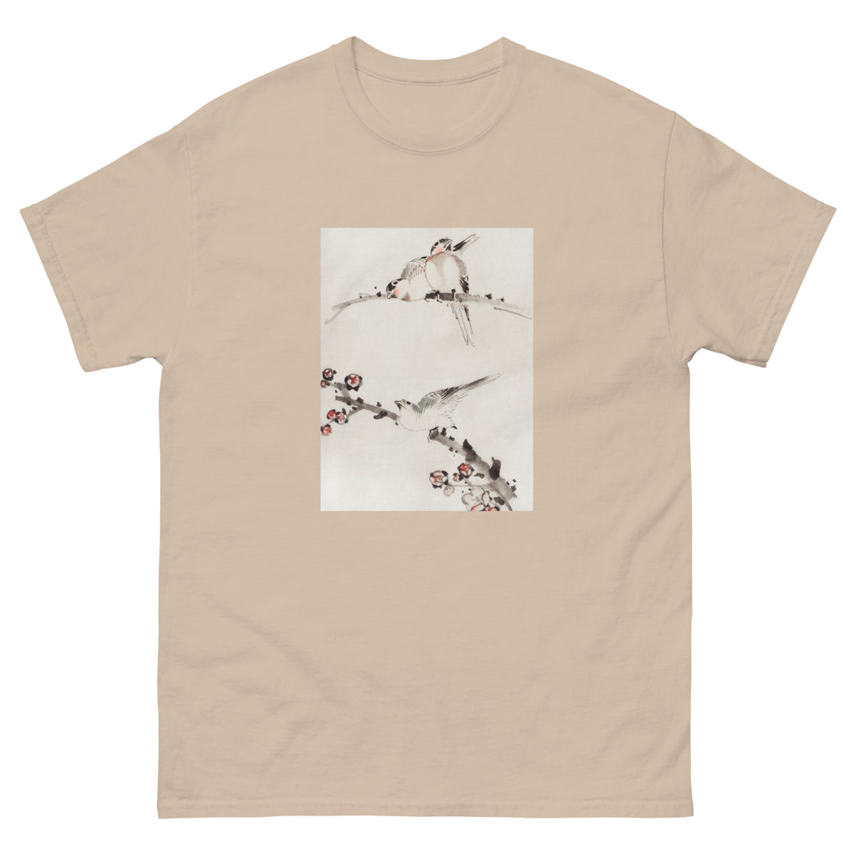 Sand T-shirt Three Birds Perched On Branches One With Blossoms - Katsushika Hokusai Published Between 1830 And 1850 An Illustration Of Three Birds Perched On Branches One With Blossoms Essential