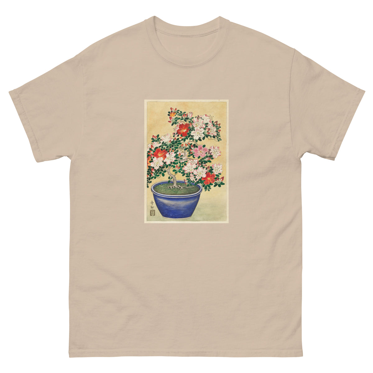Sand T-shirt Blooming Azalea In Blue Pot - Ohara Koson 1920 Essential