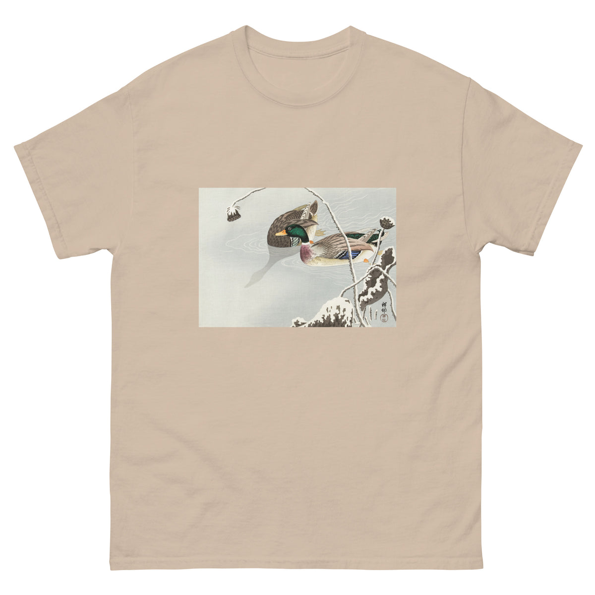 Sand T-shirt Two Mallards Near A Snow-Covered Lotus - Ohara Koson 1925 Essential