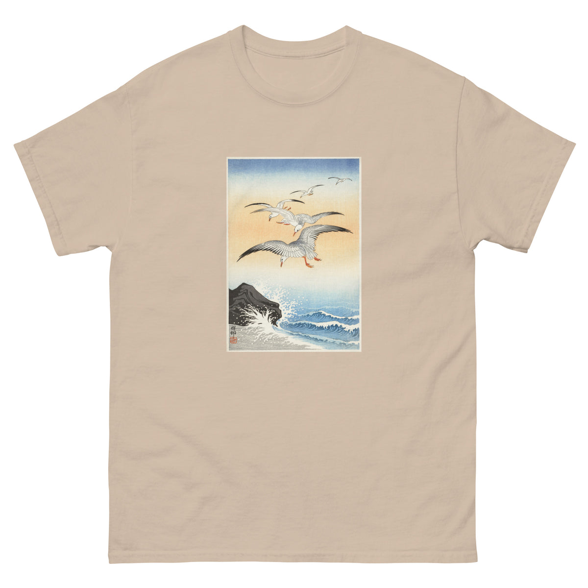 Sand T-shirt Five Seagulls Above Turbulent Sea - Ohara Koson 1900 Essential