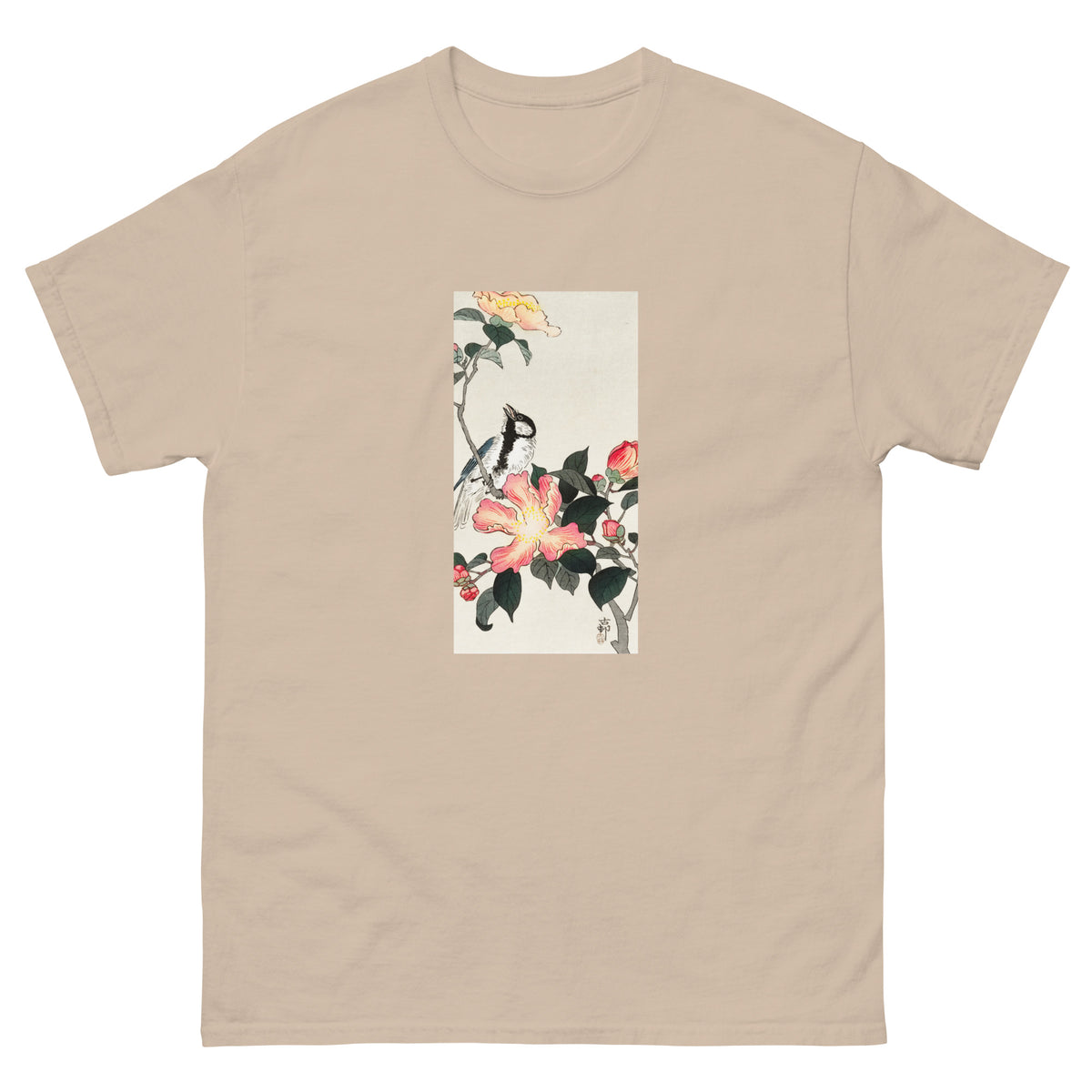 Sand T-shirt Great Tit On Branch With Pink Flowers - Ohara Koson 1900 Essential