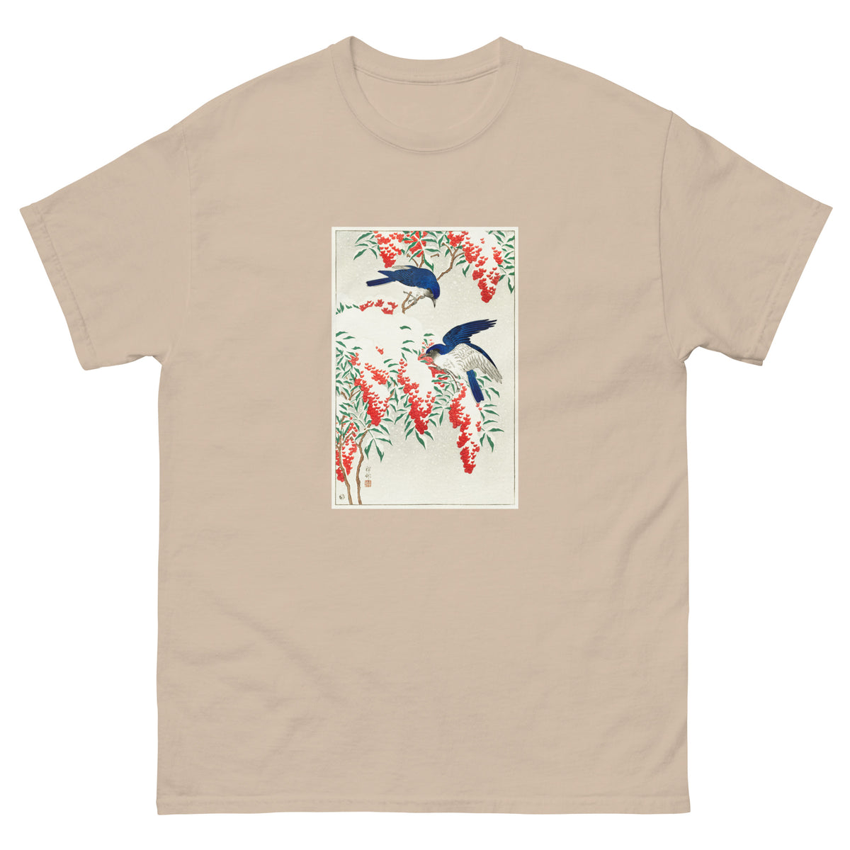 Sand T-shirt Flycatchers On A Nandina Bush - Ohara Koson 1925 Essential