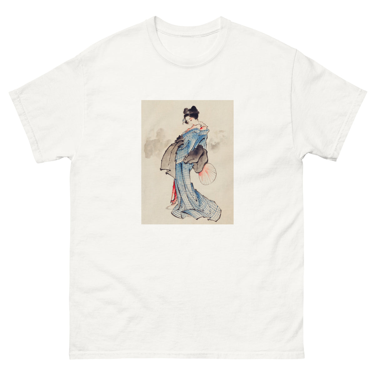 White T-shirt Woman Full-Length Portrait Standing Facing Left Holding Fan In Right Hand Wearing Kimono With Check Design - Katsushika Hokusai 1760 Essential