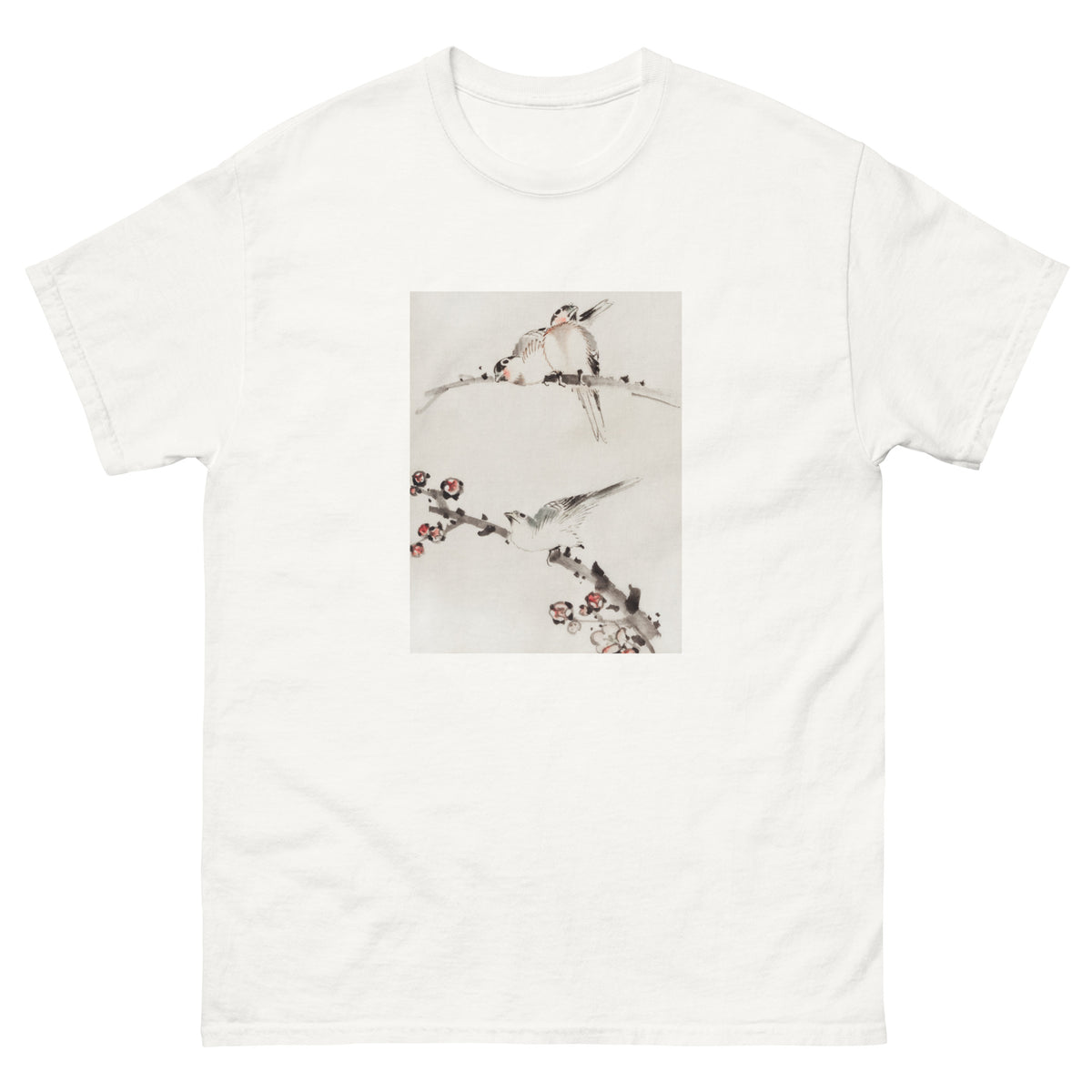 White T-shirt Three Birds Perched On Branches One With Blossoms - Katsushika Hokusai Published Between 1830 And 1850 An Illustration Of Three Birds Perched On Branches One With Blossoms Essential