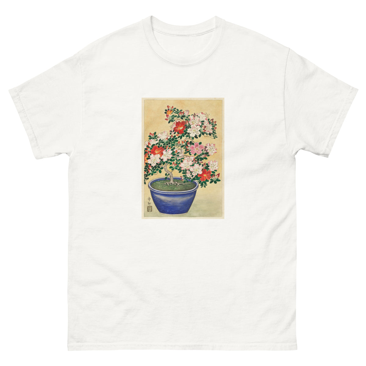 White T-shirt Blooming Azalea In Blue Pot - Ohara Koson 1920 Essential