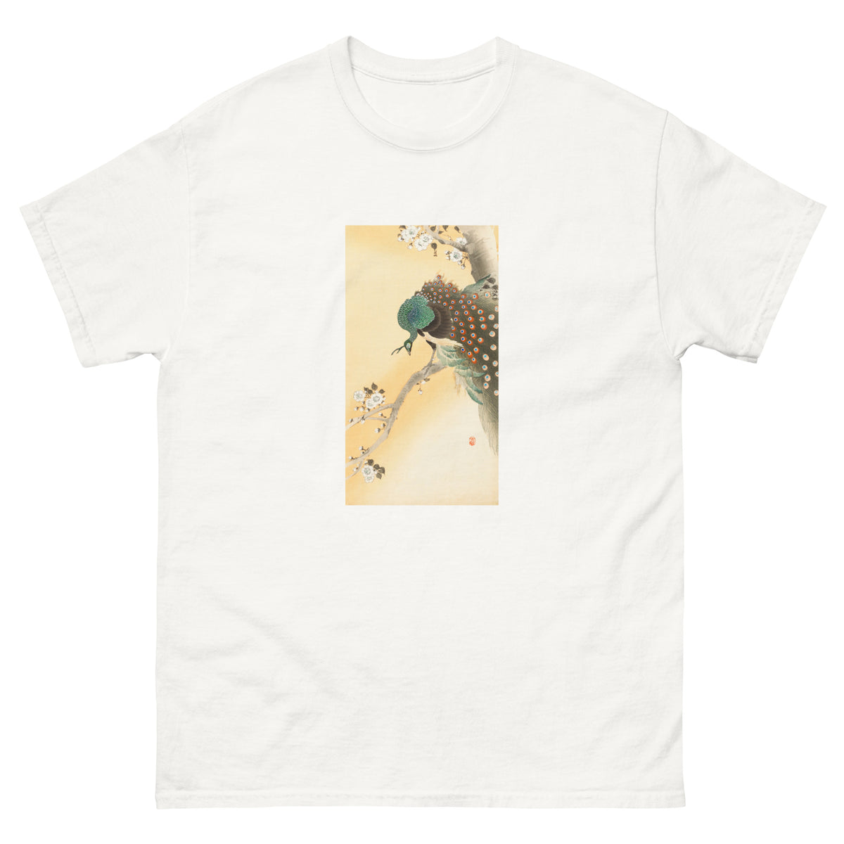 White T-shirt Peacock On A Cherry Blossom Tree - Ohara Koson 1900 Essential