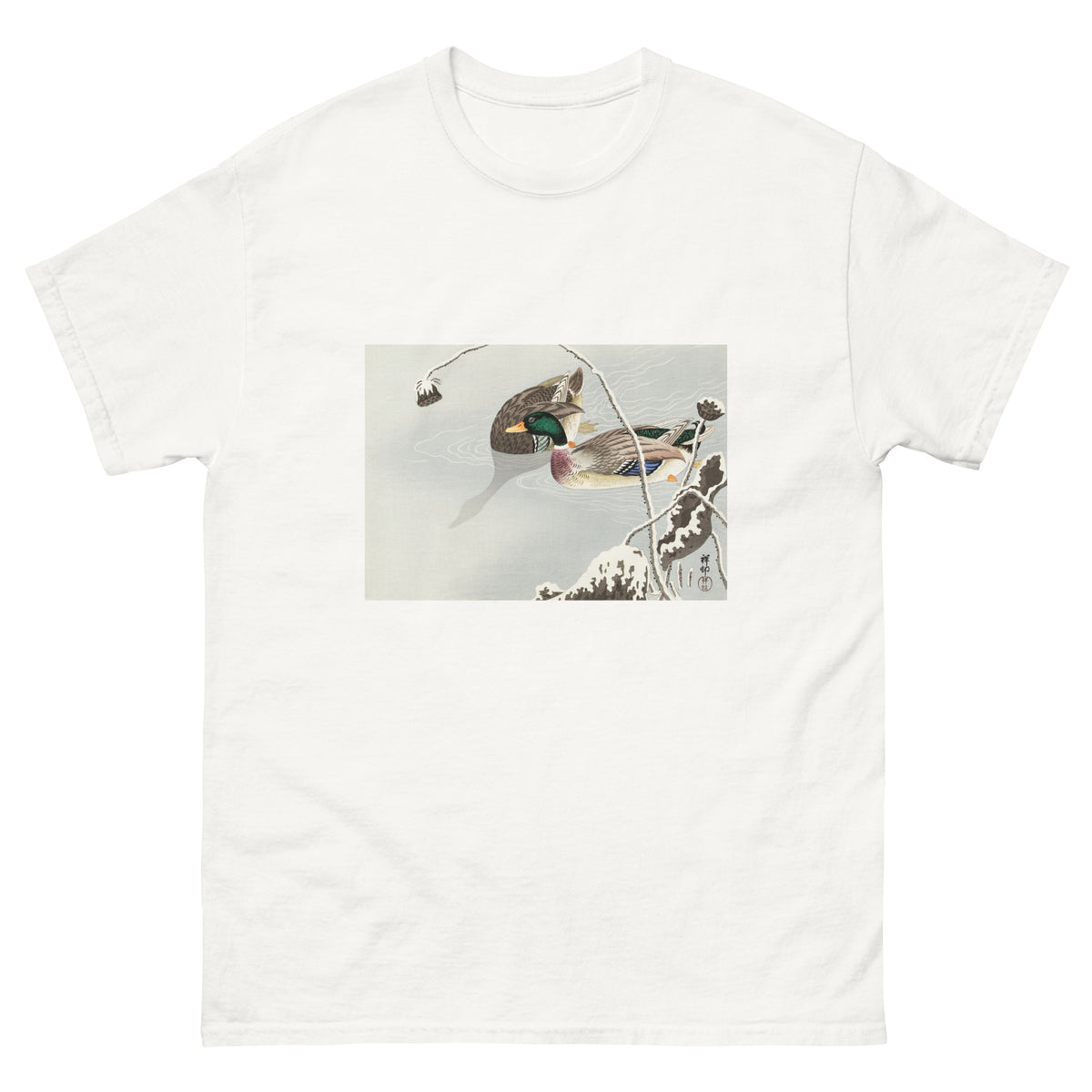 White T-shirt Two Mallards Near A Snow-Covered Lotus - Ohara Koson 1925 Essential