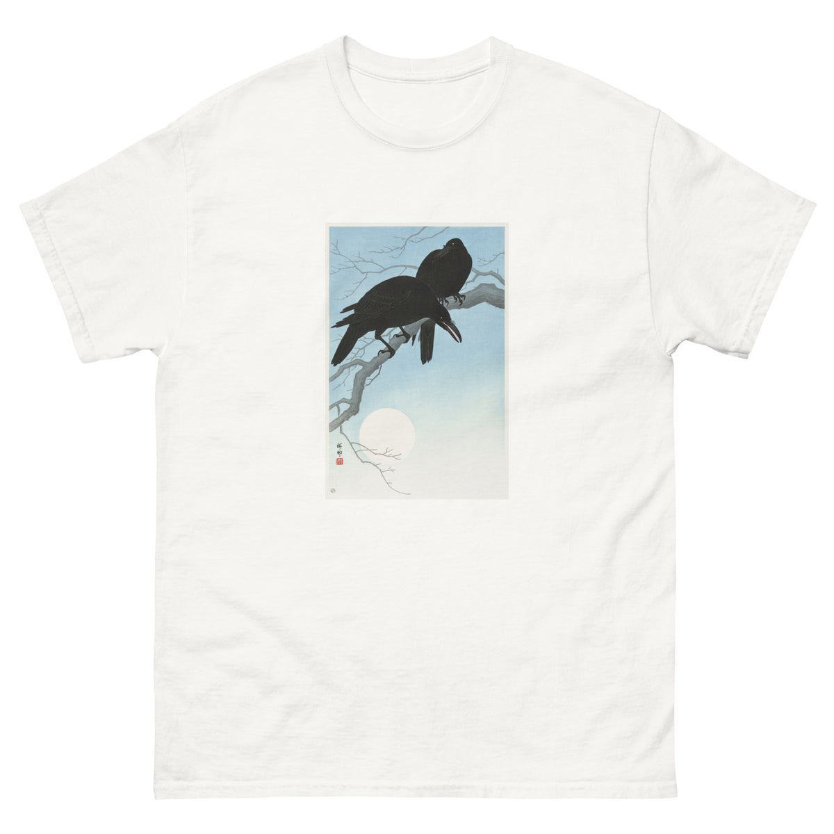 White T-shirt Two Crows On A Branch - Ohara Koson 1927 Essential