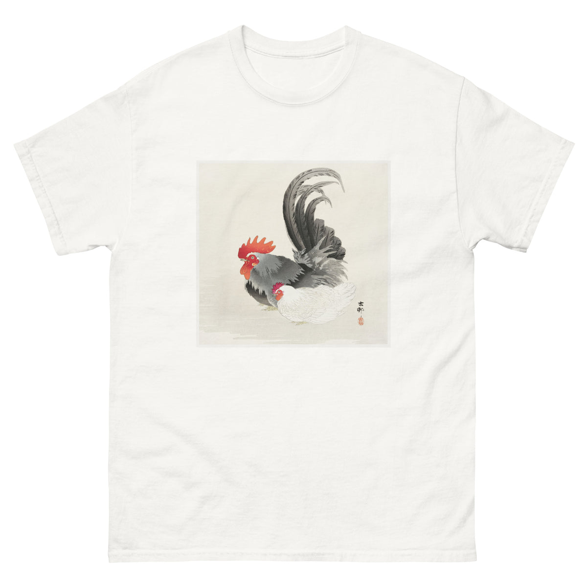 White T-shirt Chicken And Cock - Ohara Koson 1900 Essential