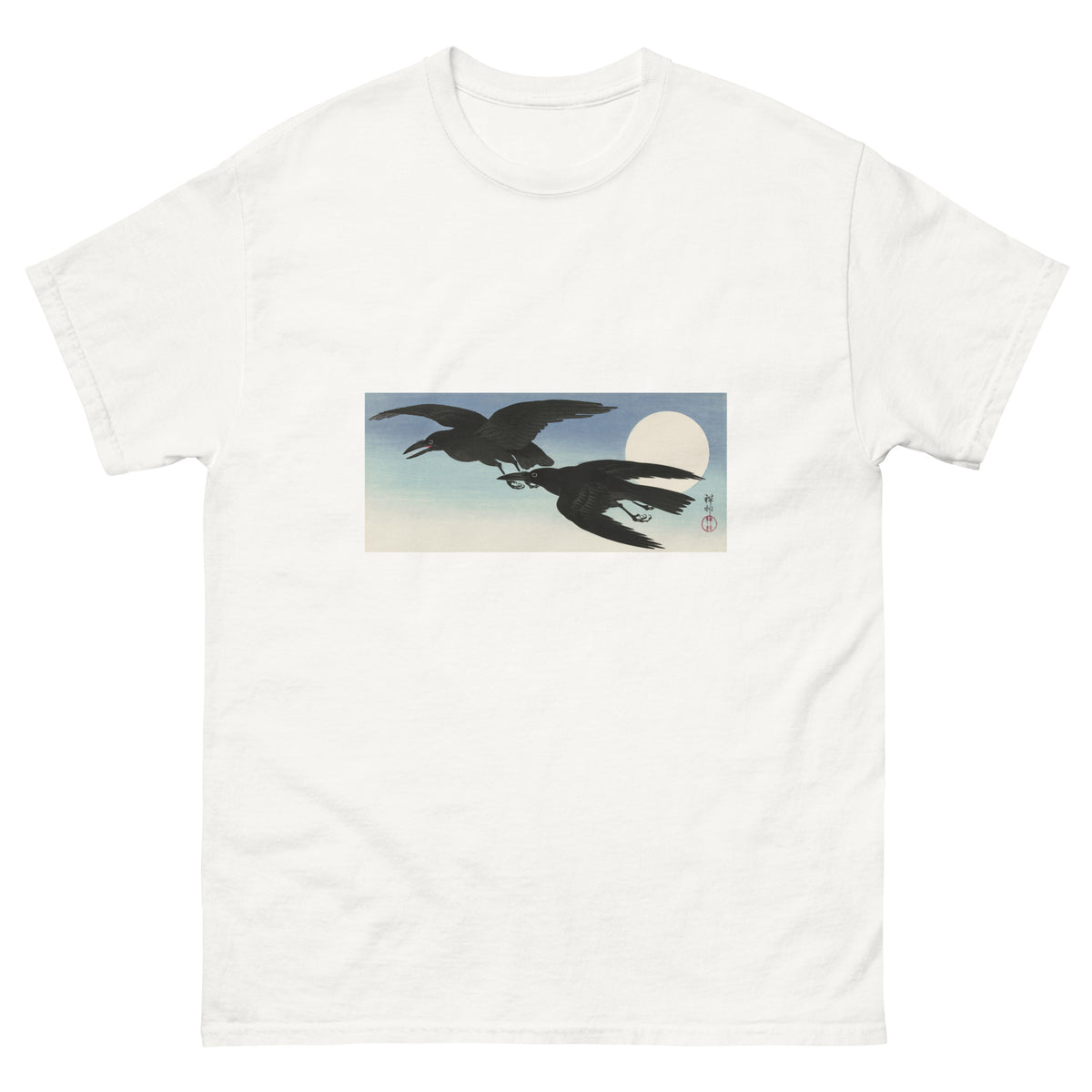 White T-shirt Crows At Full Moon - Ohara Koson 1925 Essential