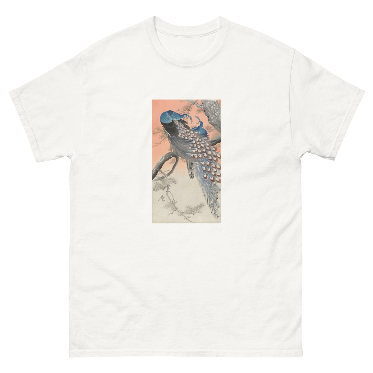White T-shirt Two Peacocks On Tree Branch - Ohara Koson 1900 Essential