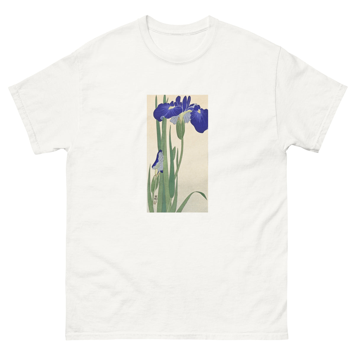 White T-shirt Blue Irises - Ohara Koson 1900 Essential