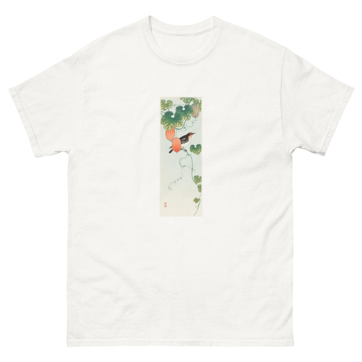 White T-shirt Songbird In Cucumber Plant - Ohara Koson 1925 Essential