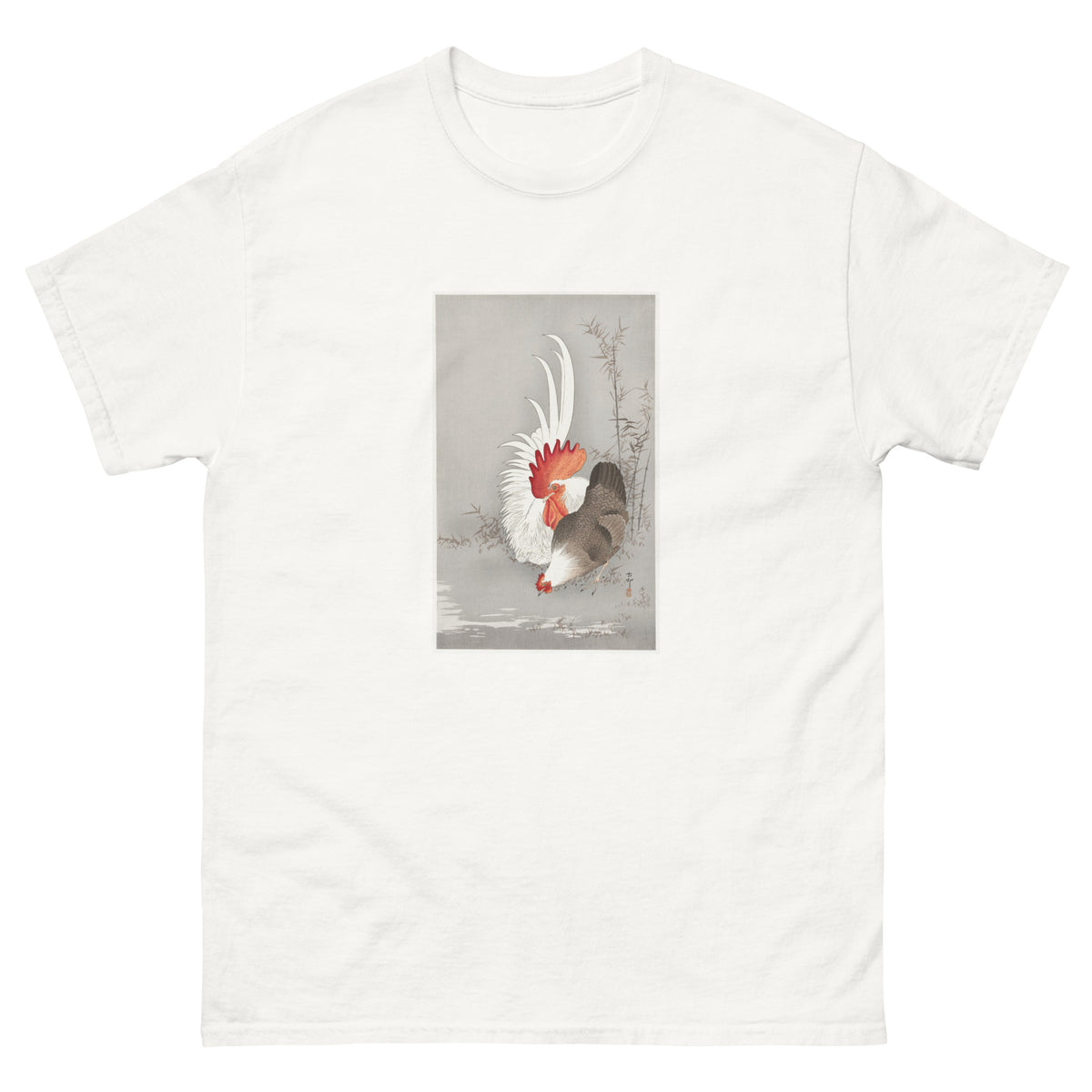 White T-shirt Rooster And Chicken - Ohara Koson 1900 Essential