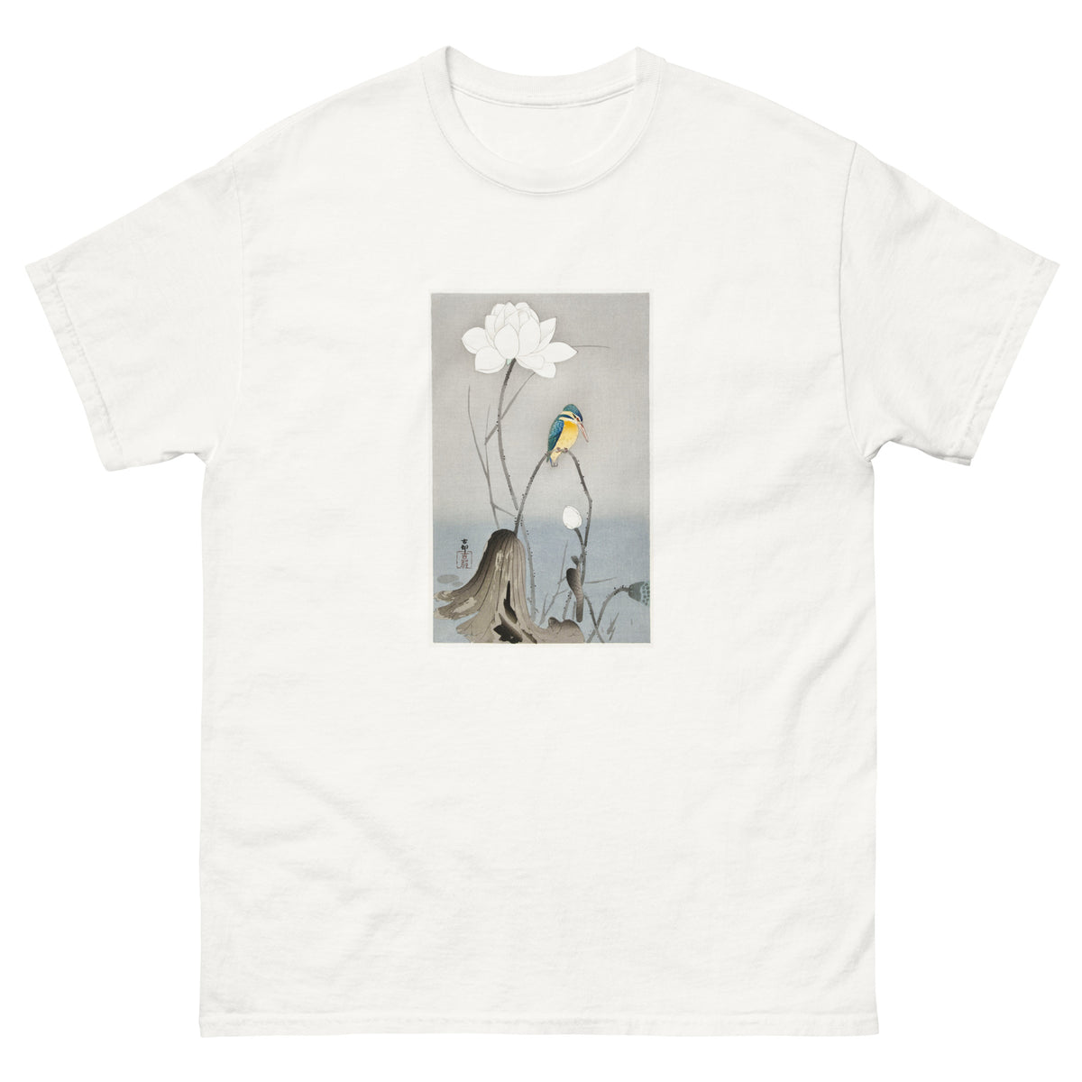 White T-shirt Kingfisher With Lotus Flower - Ohara Koson 1900 Essential