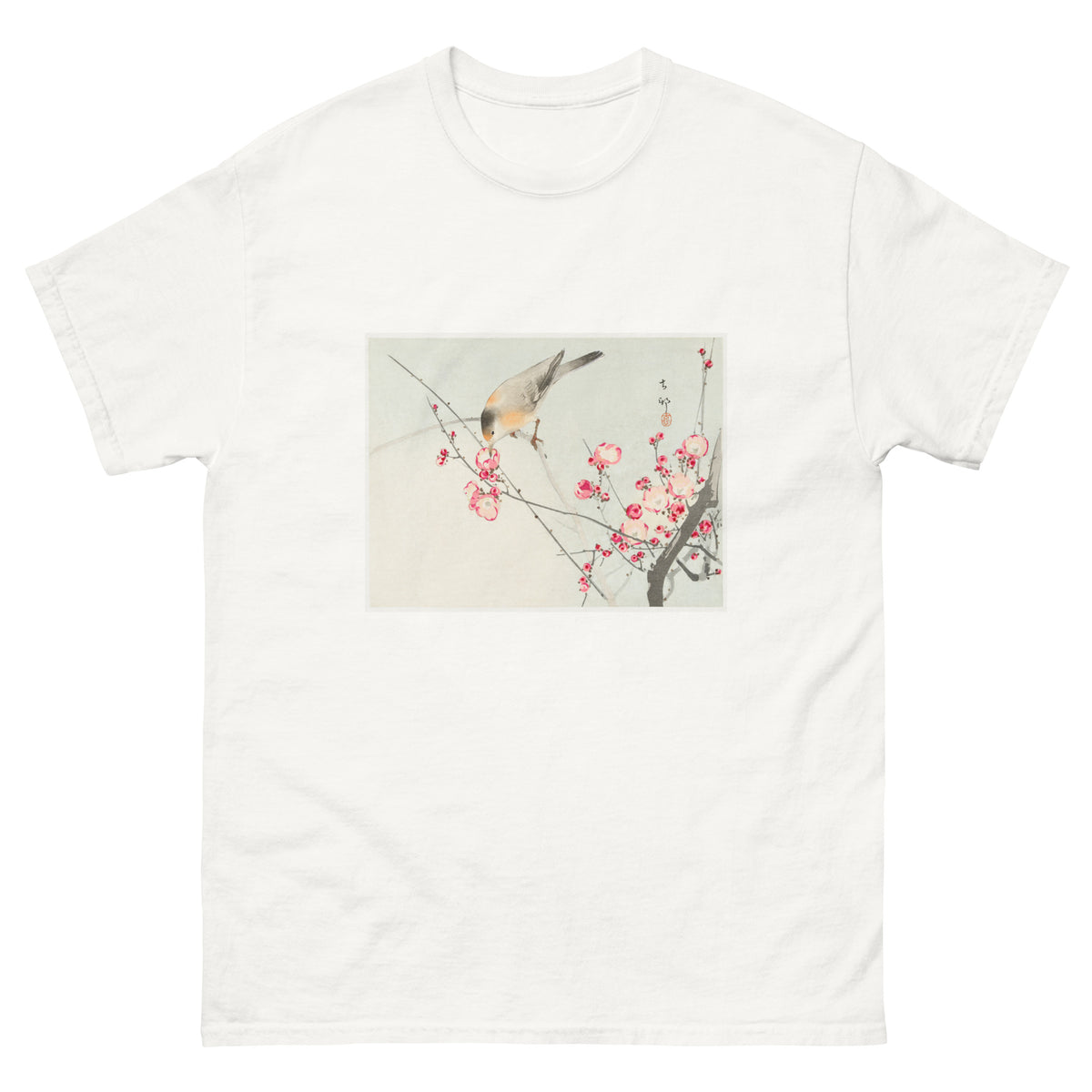 White T-shirt Songbird On Blossom Branch - Ohara Koson 1900 Essential