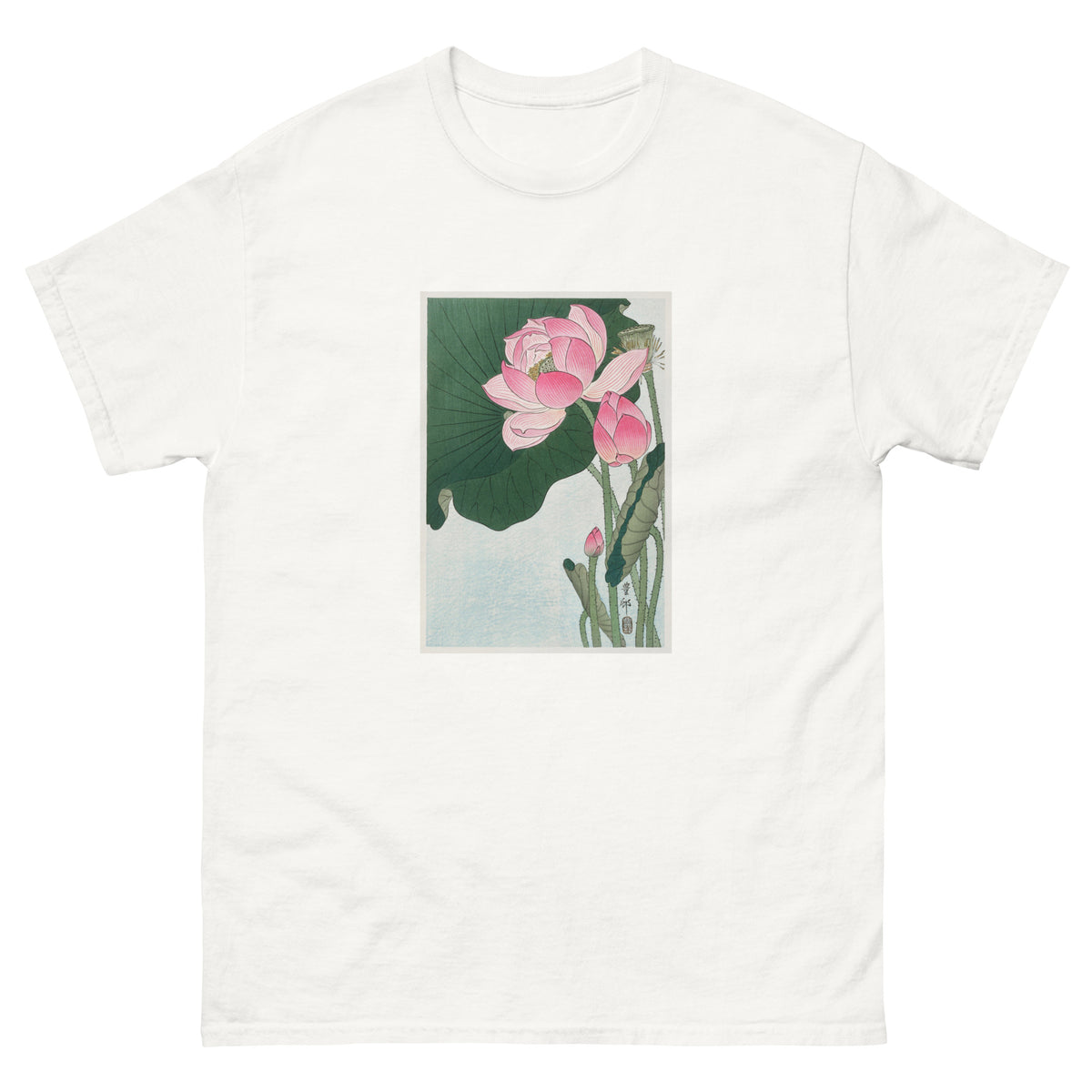 White T-shirt Blooming Lotus Flowers - Ohara Koson 1920 Essential