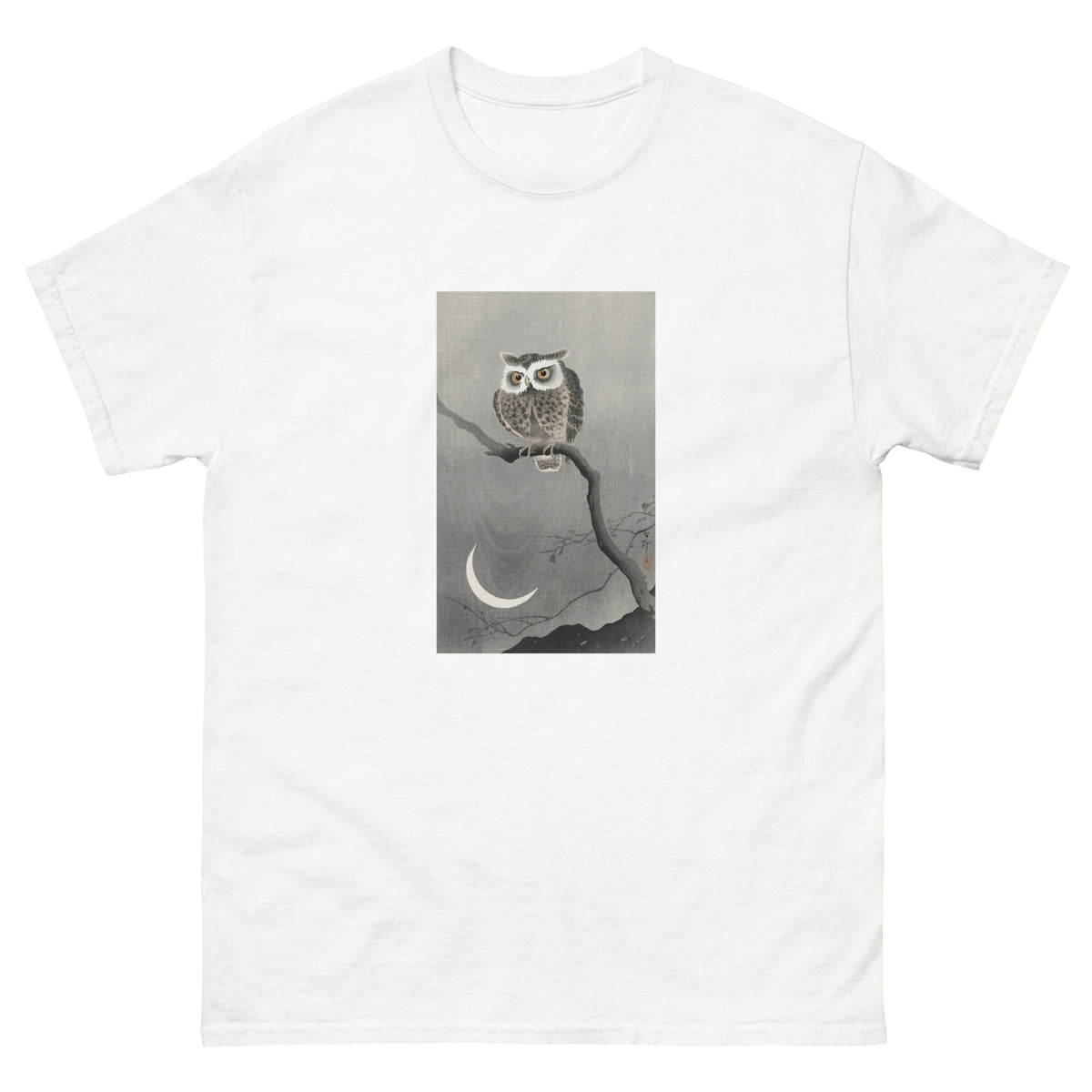 White T-shirt Long-Eared Owl On Bare Tree Branch - Ohara Koson 1900 Essential