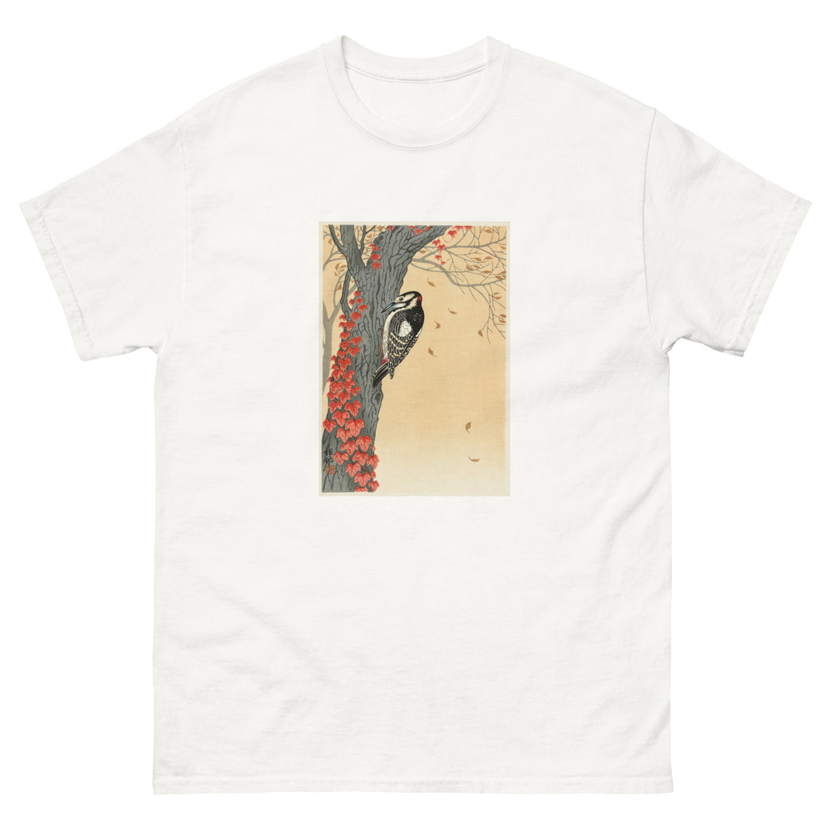 White T-shirt Great Spotted Woodpecker In Tree With Red Ivy - Ohara Koson 1925 Essential