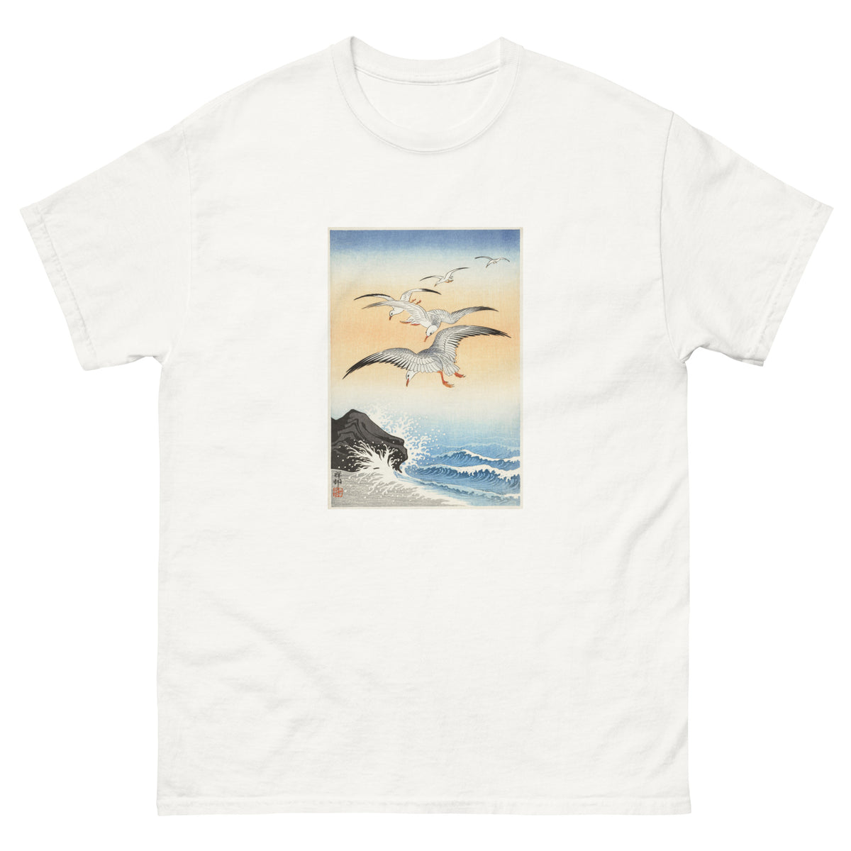 White T-shirt Five Seagulls Above Turbulent Sea - Ohara Koson 1900 Essential