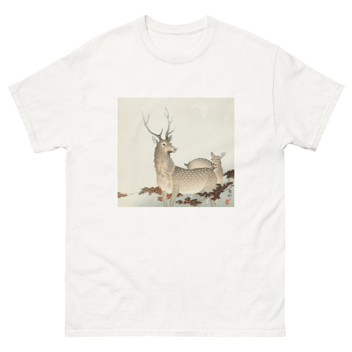 White T-shirt Couple Of Deers - Ohara Koson 1900 Essential