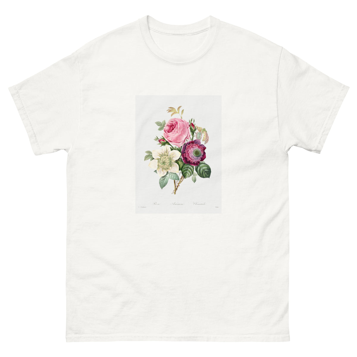 White T-shirt Anemone And Cabbage Rose - Pierre-Joseph Redoute 1759 Essential