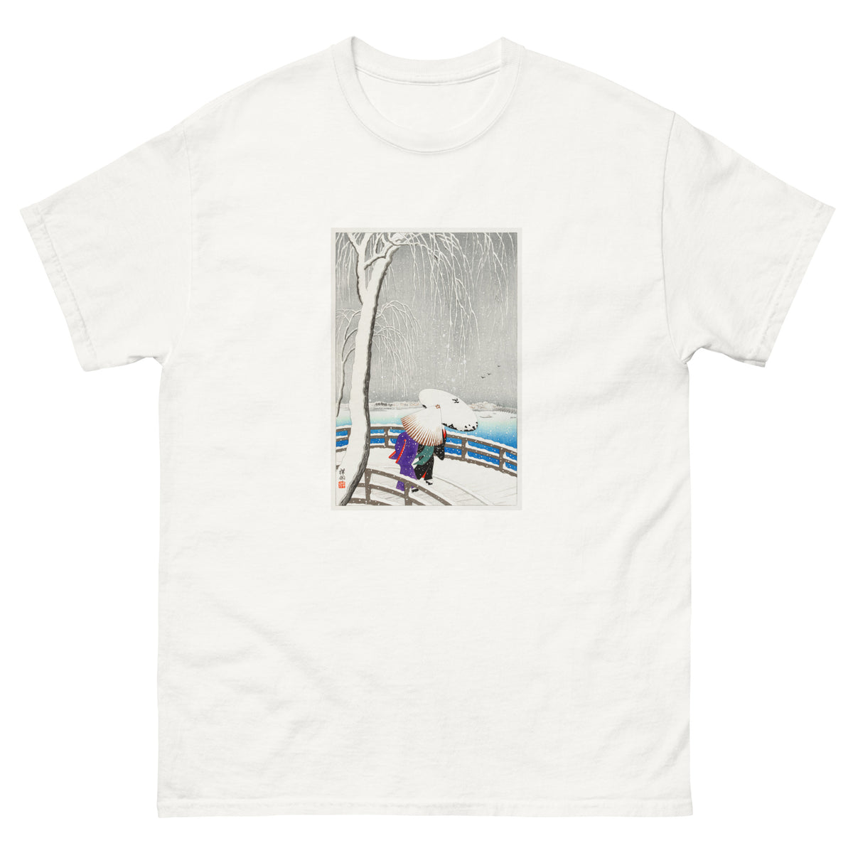 White T-shirt Two Women In The Snow On Yanagi Bridge - Ohara Koson 1927 Essential